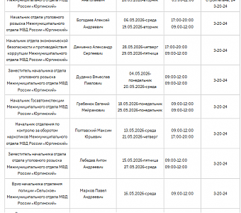График приема граждан руководящим составом МО МВД России «Юргинский»